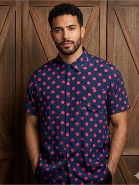 OLEG CASSINI Men’s Vintage Navy 100% Silk Shirt with Pink Polka Dots Sz LARGE